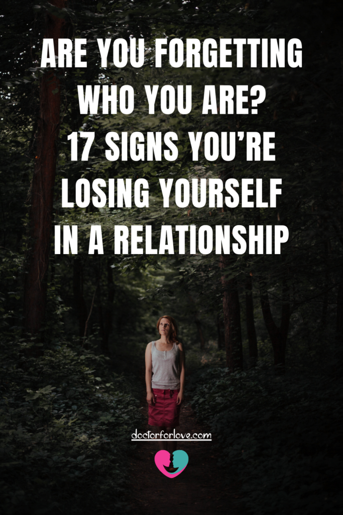 pin image of a woman in the woods as metaphor for losing herself in a relationship