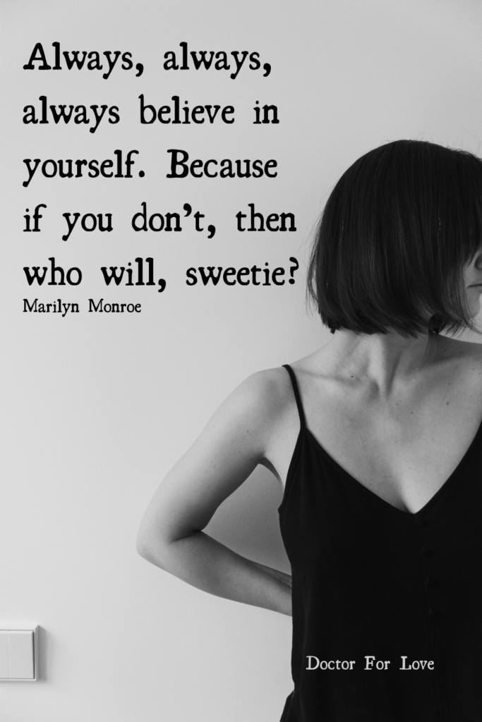 a woman with short black hair and a black dress looking aside and a quote written on her right