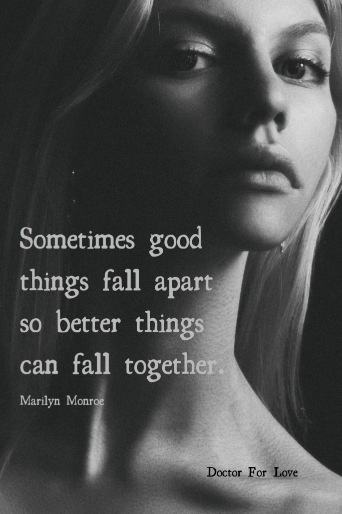 monochrome face of a young woman looking in the camera lenses and a quote on life by Marilyn Monroe on the bottom of the photo