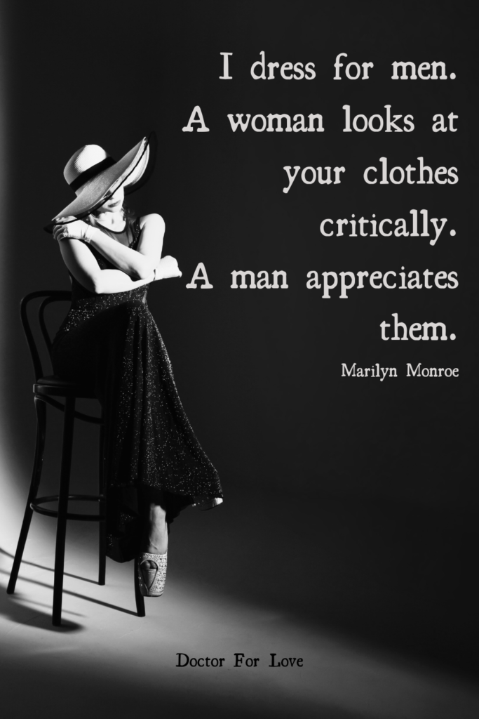 a woman in a party dress sitting on a high chair and a quote by Marilyn Monroe on the side of the photo