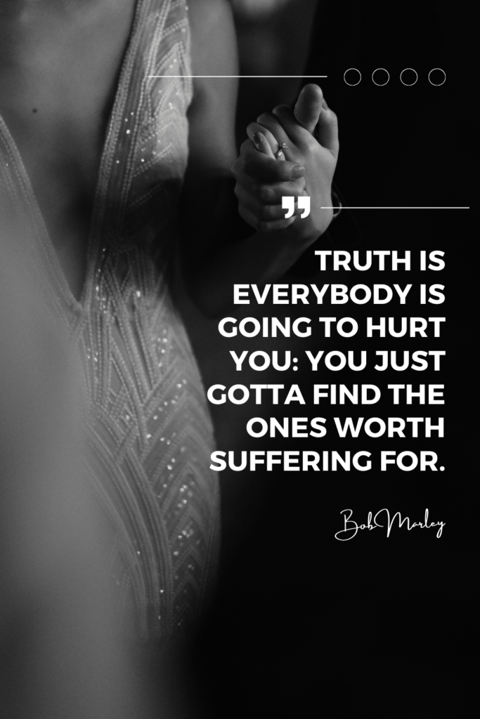 a silhouette of an elegant woman in white party dress holding a man's hand, overlay quote by Bob Marley